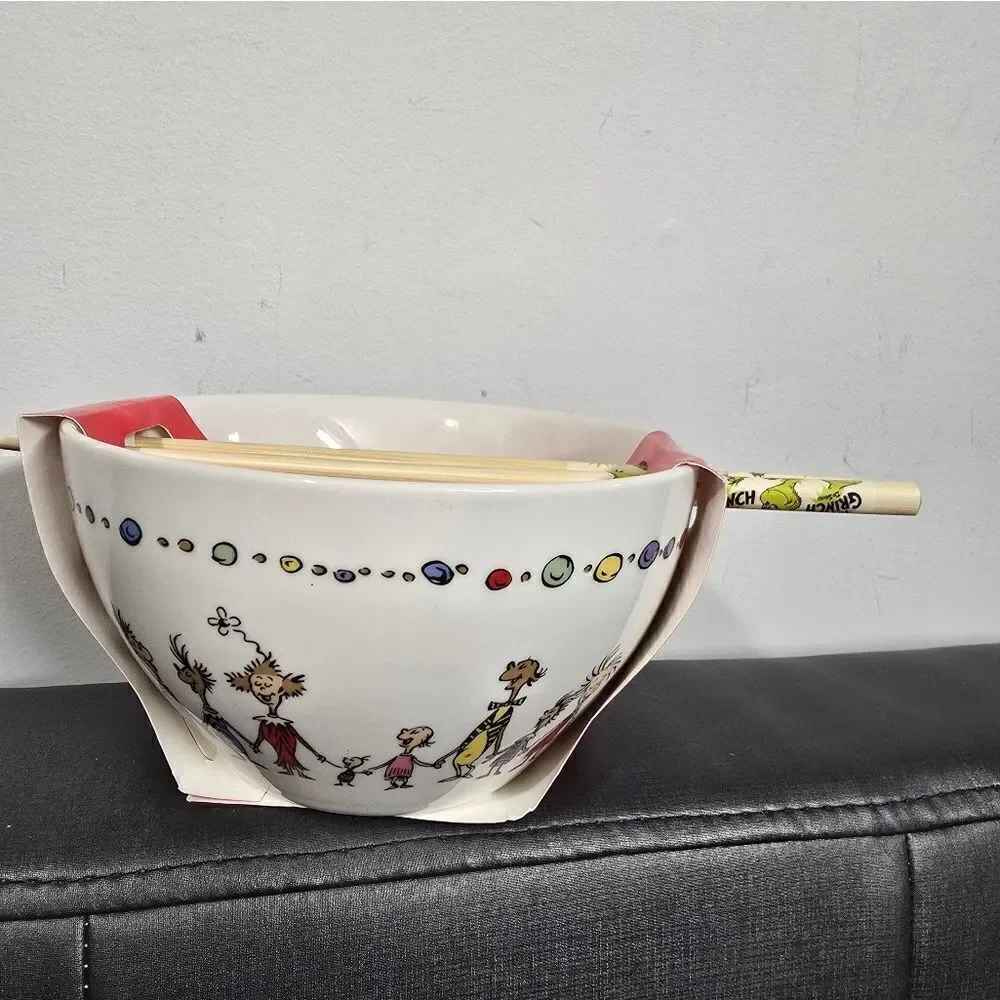 Nwt Ceramic Christmas Whoville Grinch Ramen Bowl & Chopsticks